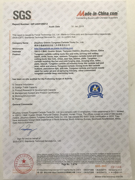 Porcellana Zhuzhou Grewin Tungsten Carbide Tools Co., Ltd Certificazioni